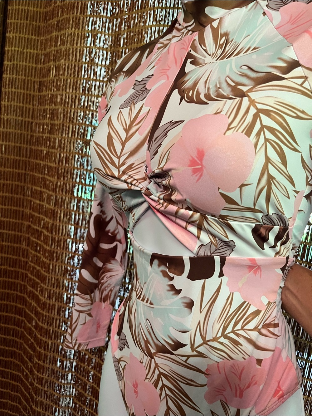 Floral Twist-Front One-Piece Rashguard - Pink & Brown
